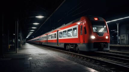 Obraz premium a red and white train traveling down train tracks in a train station at night with lights on the side of the train.