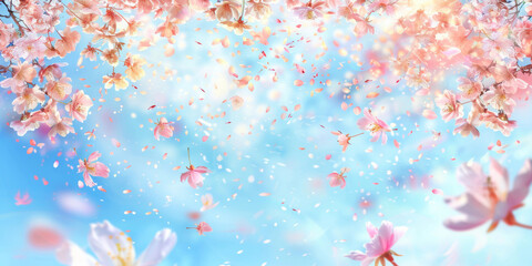 Fototapeta na wymiar pink blossoms falling from the sky with an empty background,