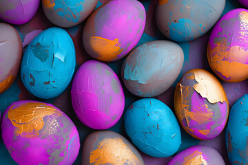 Fototapeta na wymiar Vibrant Collection of Painted Easter Eggs Displaying a Mix of Vibrant and Metallic Hues