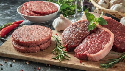 variety of raw cuts of meat dry aged beef steaks and hamburger patties