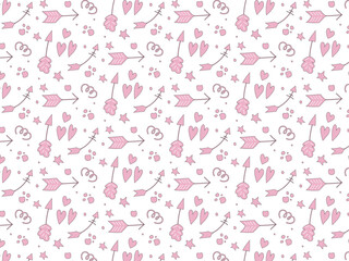 Cute doodle pattern with pink arrows, hearts and dots. 