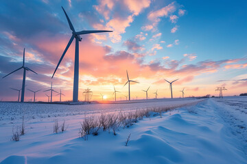 Wind turbines farm on sunset in winter - obrazy, fototapety, plakaty