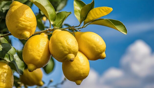ripe lemon fruits on lemon tree and blue sky at the background