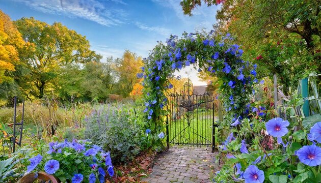vertical image of a beautiful country garden in fall with flowers herbs shrubs trees ornamental grasses an arbor arch covered with heavenly blue morning glory and a fence and gate