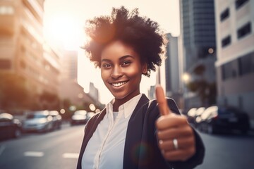 portrait of a beautiful and successful woman holding her thumb up