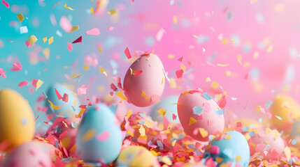 Fototapeta na wymiar Easter Celebration: Colorful Speckled Eggs Amidst a Dynamic Explosion of Confetti on a Cheerful Backdrop