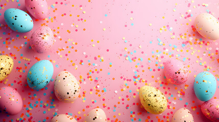 Easter Celebration: Colorful Speckled Eggs Amidst a Dynamic Explosion of Confetti on a Cheerful Backdrop