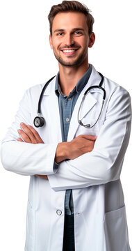 A young smiling male doctor with crossed arms on a transparent background. Portrait of a doctor in a white coat with a stethoscope isolated