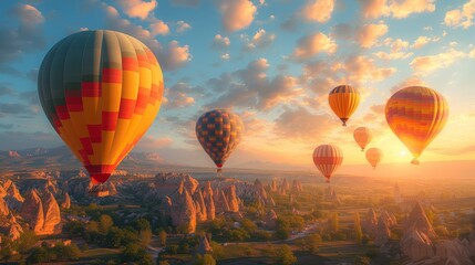 Obraz premium Hot Air Balloon Adventure, a whimsical scene of colorful hot air balloons soaring over picturesque landscapes during a balloon festival.