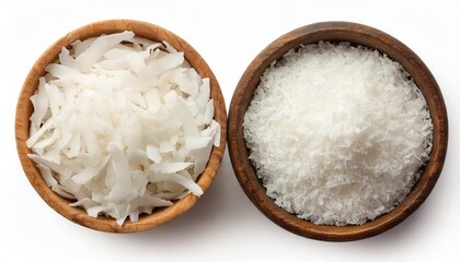 Fototapeta na wymiar shredded coconut in the wooden bowl isolated on white background top view