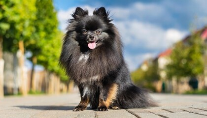 breed of dog german black small pomeranian spitz sitting on the street for a walk and looking straight