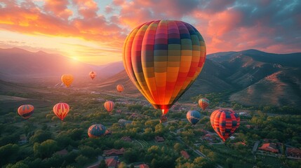 Naklejka premium Hot Air Balloon Adventure, a whimsical scene of colorful hot air balloons soaring over picturesque landscapes during a balloon festival.