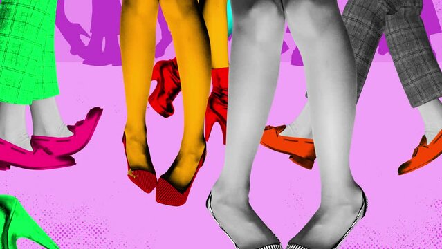 Modern animation. Stop motion. Dancers legs dancing tap in club against retro colored background. Bright comics style design. Concept of art, disco, party, retro fashion, happy and fun.