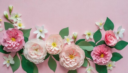 paper flowers on pastel pink background with copy space flat lay top view