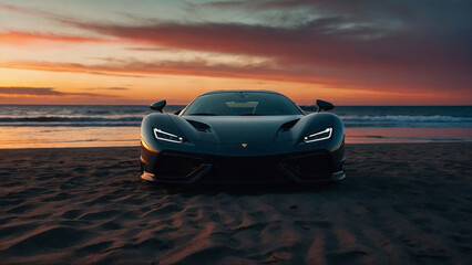 a luxurious and elegant black sports car looks out front and is on the beach in the afternoon