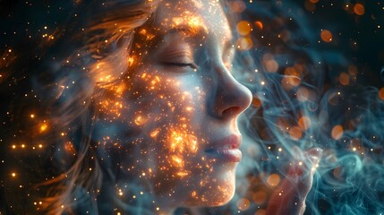 Enchanting Cosmic Dreamscape: A Woman's Profile Adorned with Glowing Stardust and Ethereal Light Particles