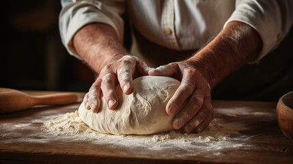 Fototapeta premium Experienced Baker Hand-Kneading Bread Dough