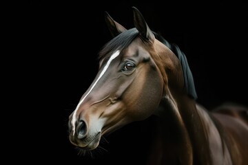 Obraz premium Head of bay horse close up on black background. Generative AI