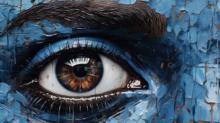 Closeup painting of a human eye with electric blue iris and eyelashes , generated by AI