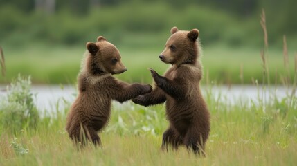 a couple of brown bears standing next to each other on top of a grass covered field next to a body of water.