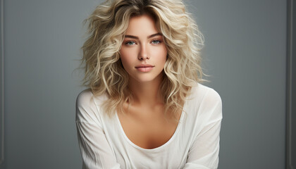 Fototapeta premium Beautiful woman with long blond hair looking at camera confidently generated by AI