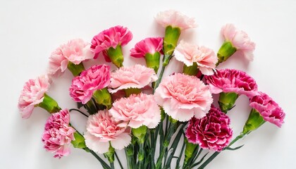 Obraz na płótnie Canvas bouquet of different pink carnation flowers isolated on white background top view flat lay holiday card 8 march happy valentine s day mother s day concept