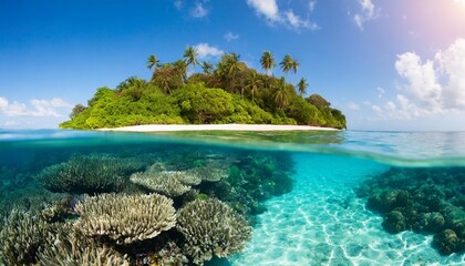 tropical island and coral reef split view with waterline