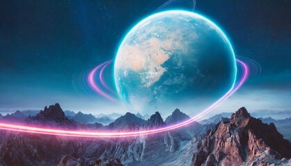 futuristic fantasy landscape sci fi landscape with planet neon light - obrazy, fototapety, plakaty
