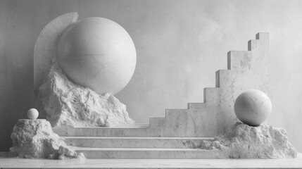 Monochromatic Abstract Conceptual Art with Spheres and Stairs in a Surreal Landscape