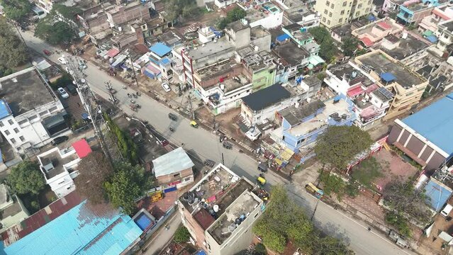 Busy road in a city drone view