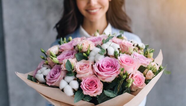very nice young woman holding big and beautiful bouquet of fresh tender roses cotton eustoma matthiola flowers in pink colors bouquet close up
