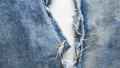 ripped torn pattern of light blue denim jeans on white background