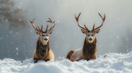 two deer standing next to each other on top of a snow covered field with trees in the background and snow falling on the ground.