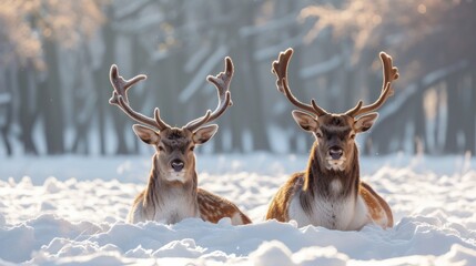 two deer laying down in the snow with their heads turned to look like they are looking at the camera man.