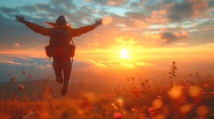 Exuberant Hiker Celebrating Freedom at Sunset in a Blossoming Mountain Meadow