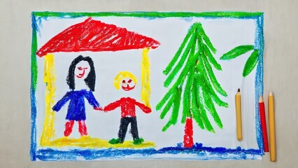 Eine Zeichnung von eienm Kind gemalt. Mama Papa und einen Baum