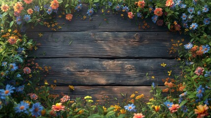 Floral Border on Rustic Wood Backdrop: A Serene Nature-Inspired Background