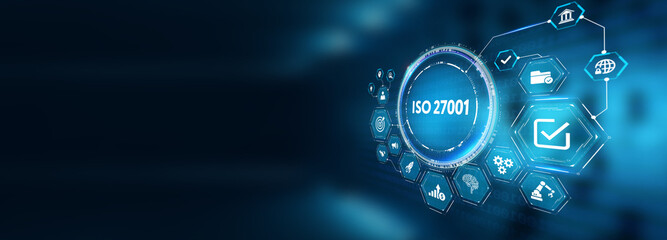 ISO 27001 Standard certification standardisation quality control concept on screen. 3d illustration