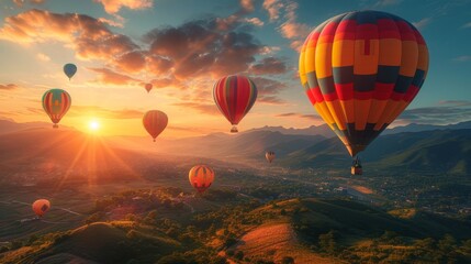 Obraz premium Hot Air Balloon Adventure, a whimsical scene of colorful hot air balloons soaring over picturesque landscapes during a balloon festival.