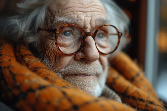 Thoughtful Senior Man with Grey Hair and Round Glasses Wrapped in Warm Scar