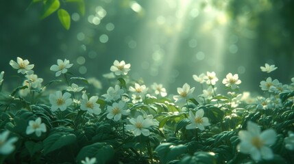Fototapeta na wymiar Serene Forest Glade with Blooming White Flowers in Misty Morning Light