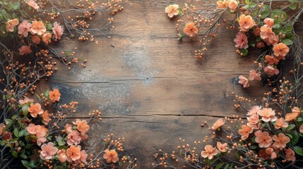 Rustic Wooden Background Framed by Blossoming Orange Flowers and Greenery