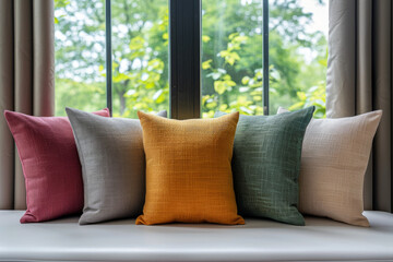 Closeup and front shot about Chic home accessories like elegant fiber pillows arranged neatly in...