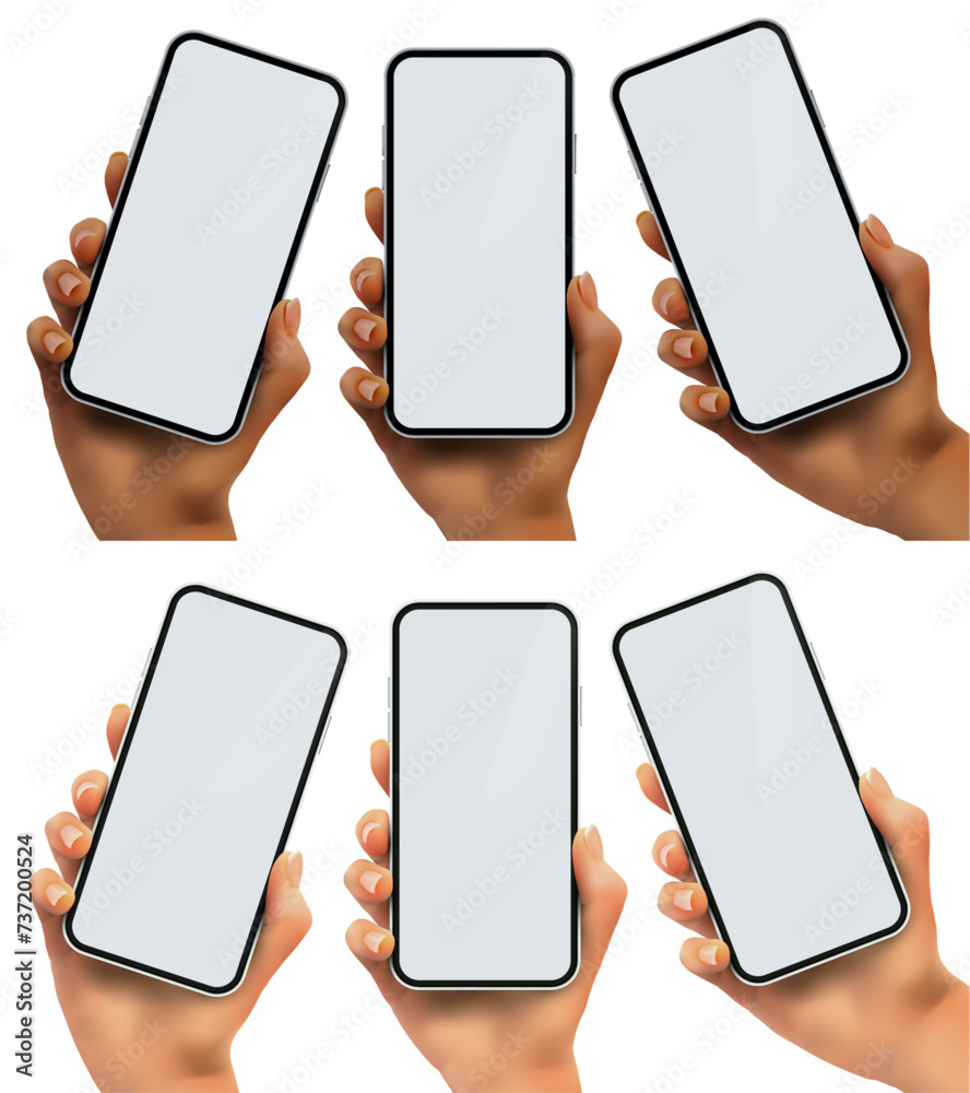 Wall mural vector hand templates with smartphones displaying empty screens, including black and white versions.