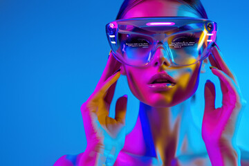 A woman's face illuminated by neon lights as she wears futuristic goggles and stylish sunglasses, creating a striking image of modern eyewear