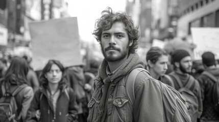 Determined Protestor with Intense Gaze at a Black and White Civil Demonstration - obrazy, fototapety, plakaty