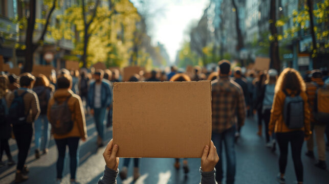 Anonymous Individual Holding Blank Protest Sign in a Crowded Street March