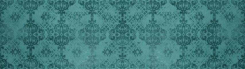 Tapeten Turquoise retro vintage arabesque wallpaper tile wall texture background banner panorama with floral flowers leaves print, seamless pattern © Corri Seizinger