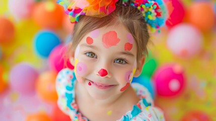 Fototapeta premium Close-up, Pretty face of a beautiful child girl with multi colors vivid makeup on minimal background