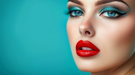 Fototapeta premium Close-up, Pretty face of a beautiful woman with multi colors vivid makeup on minimal background